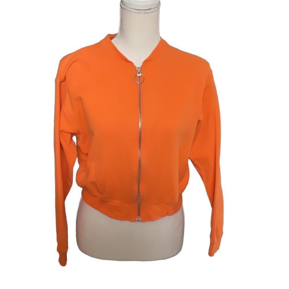 VTG Liz & Co Orange Short Full Zip Unlined Cotton Collarless Jacket Size medium